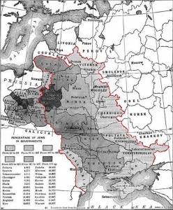 Ποσοστά Εβραίων στη Ζώνη Εγκατάστασης (Pale of Settlement) το 1905. (Πηγή:https://commons.wikimedia.org/wiki/File:Map_showing_the_percentage_of_Jews_in_the_Pale_of_Settlement_and_Congress_Poland,_The_Jewish_Encyclopedia_(1905).jpg ανάκτηση 8/10/2014)